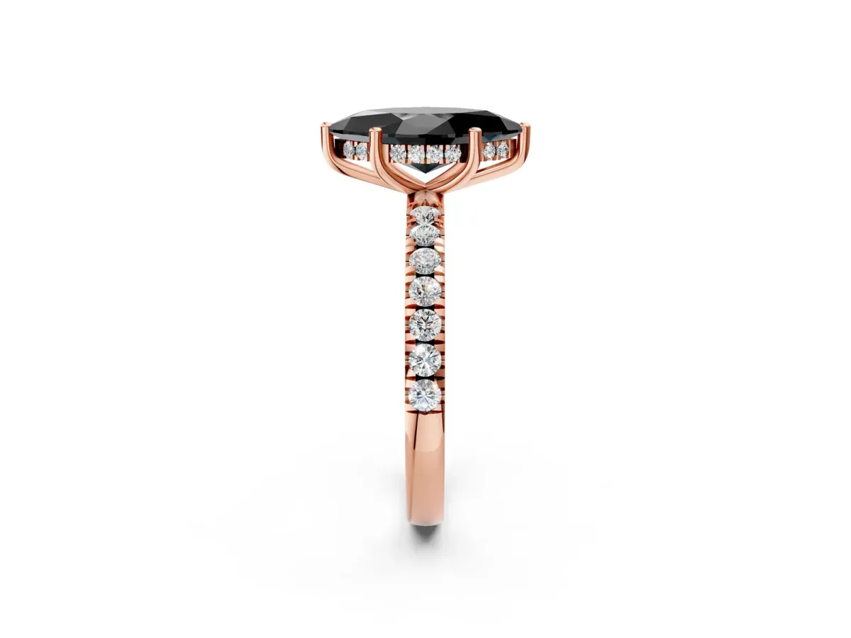 Fancy Black Marquise Cut Diamond Pave Band Solitaire Ring with Round and Prong Setting Rose gold