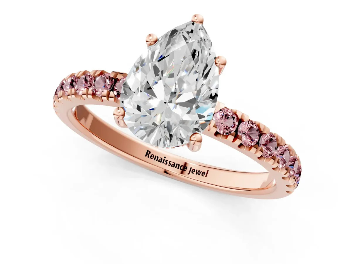 Pear Cut Diamond Pave Band Solitaire Ring with Round Morganite and Prong Setting Rose gold