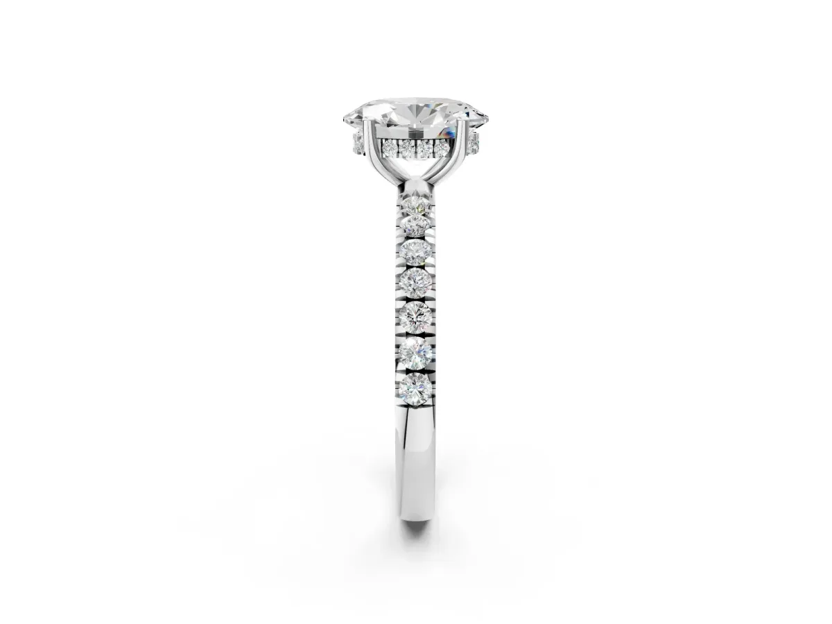 Oval Cut Diamond Pave Band Solitaire Ring with Round Moissanite and Prong Setting White gold