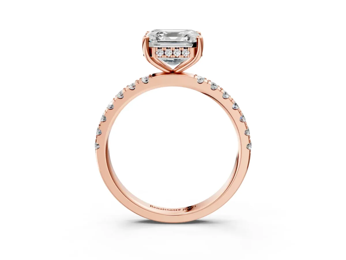 Asscher Cut Diamond Pave Band Solitaire Ring with Round Moissanite and Prong Setting Rose gold