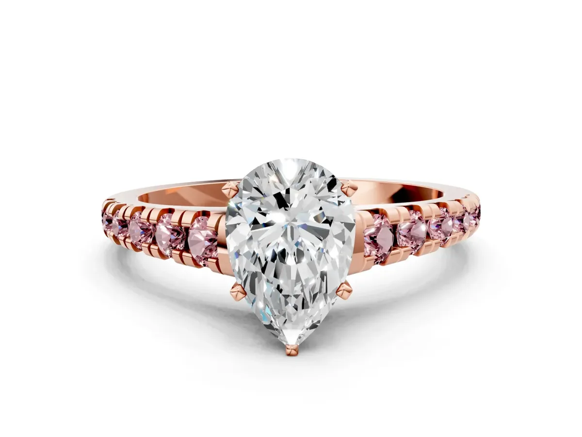 Pear Cut Diamond Cathedral Solitaire Ring with Round Morganite Pavé Band Rose gold