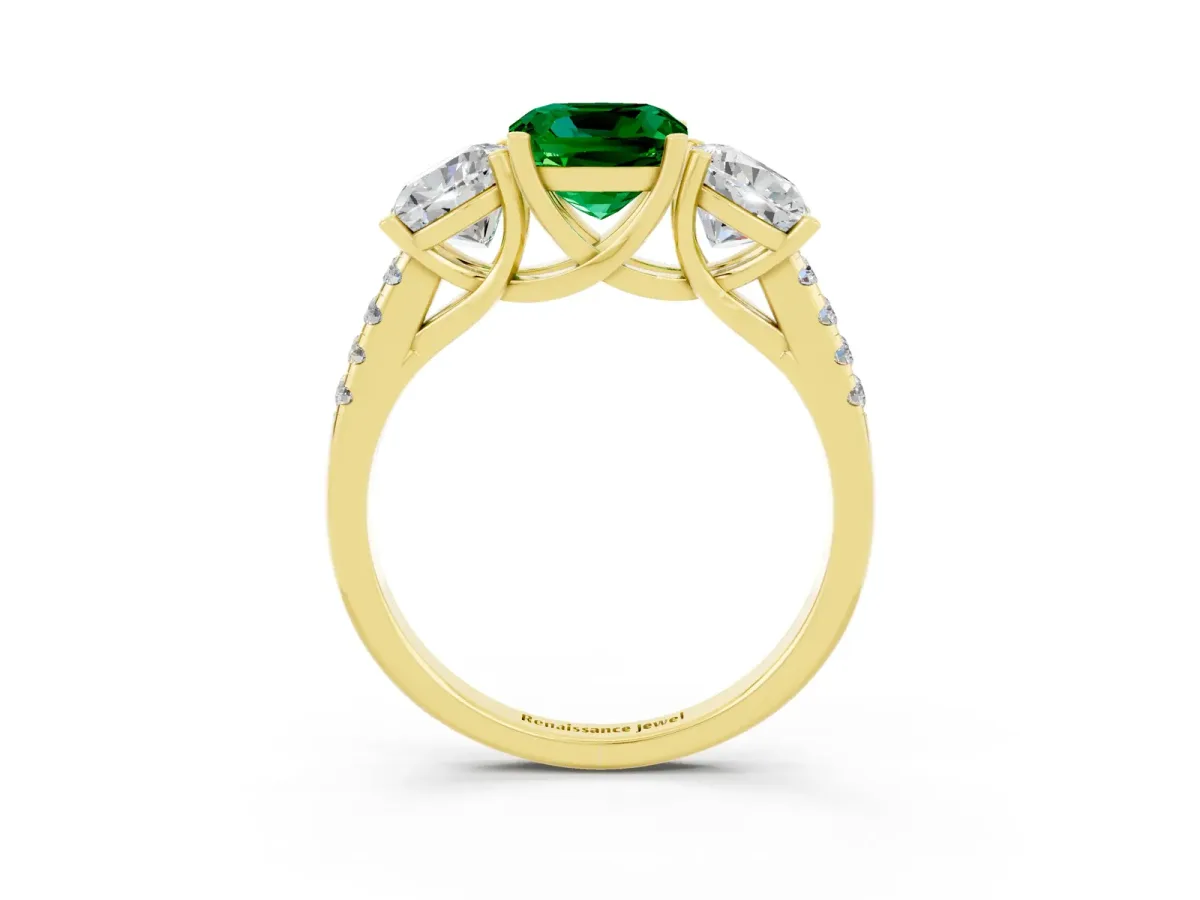 Three-Stone Cushion Cut Emerald Ring with Round Pavé Band and Prong Setting Yellow gold