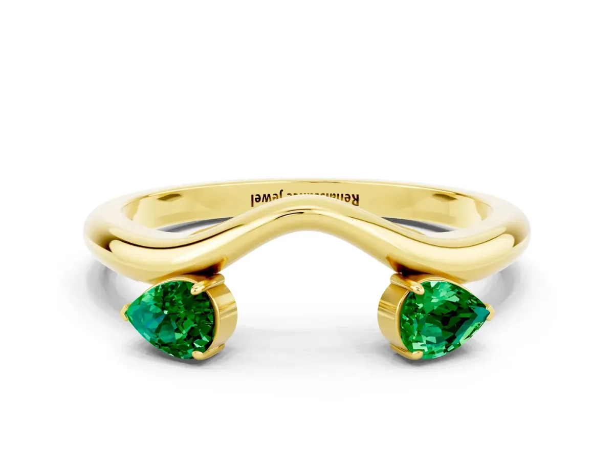 Pear Cut Emerald Two-Stone Open Band Ring with Prong Setting Yellow gold