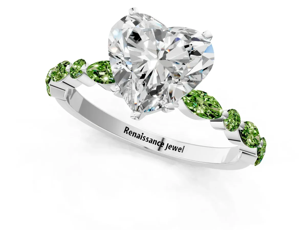 Heart Cut Diamond Ring with Marquise and Round Peridot Side Stones and Four-Prong Setting Silver