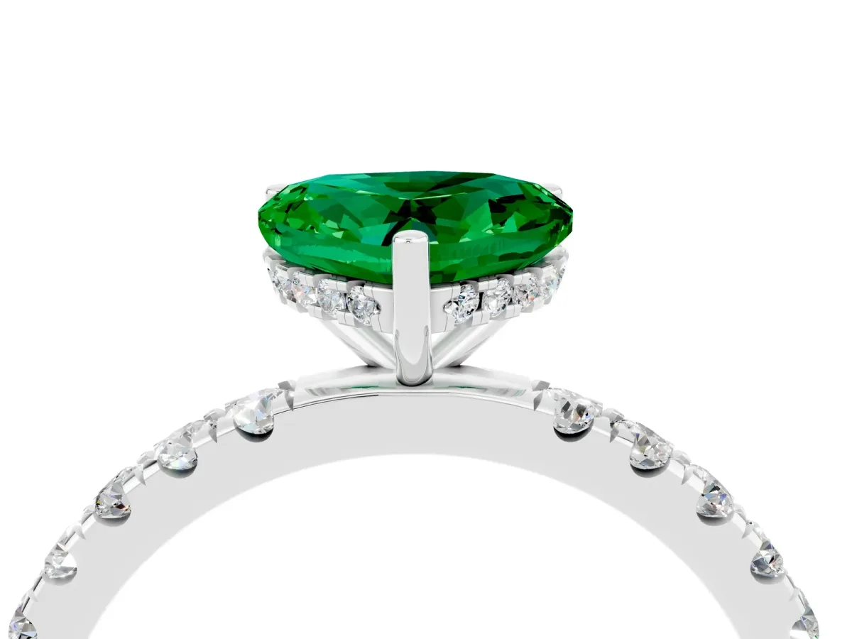 Heart Cut Emerald Pave Band Solitaire Ring with Round and Prong Setting Platinum