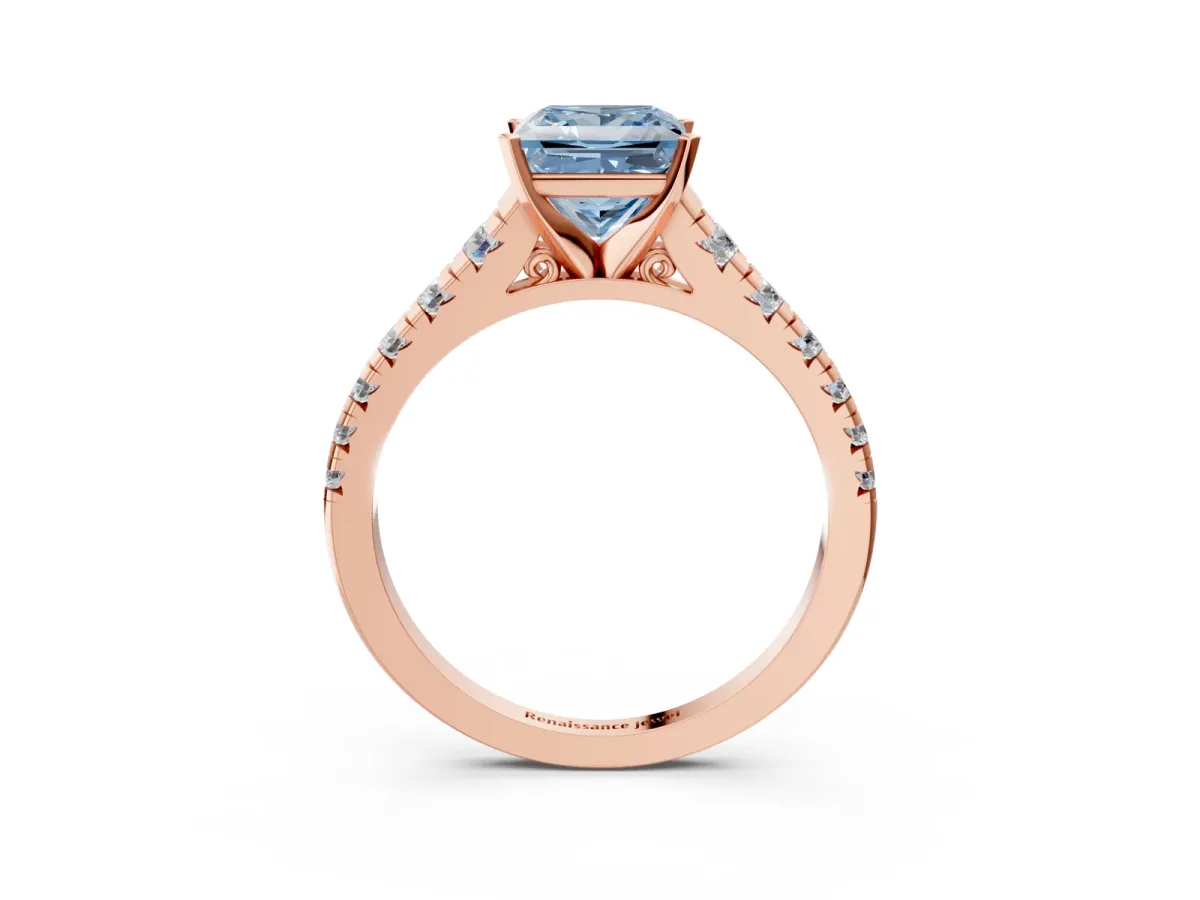 Fancy Blue Princess Cut Diamond Cathedral Solitaire Ring with Round Pavé Band Rose gold