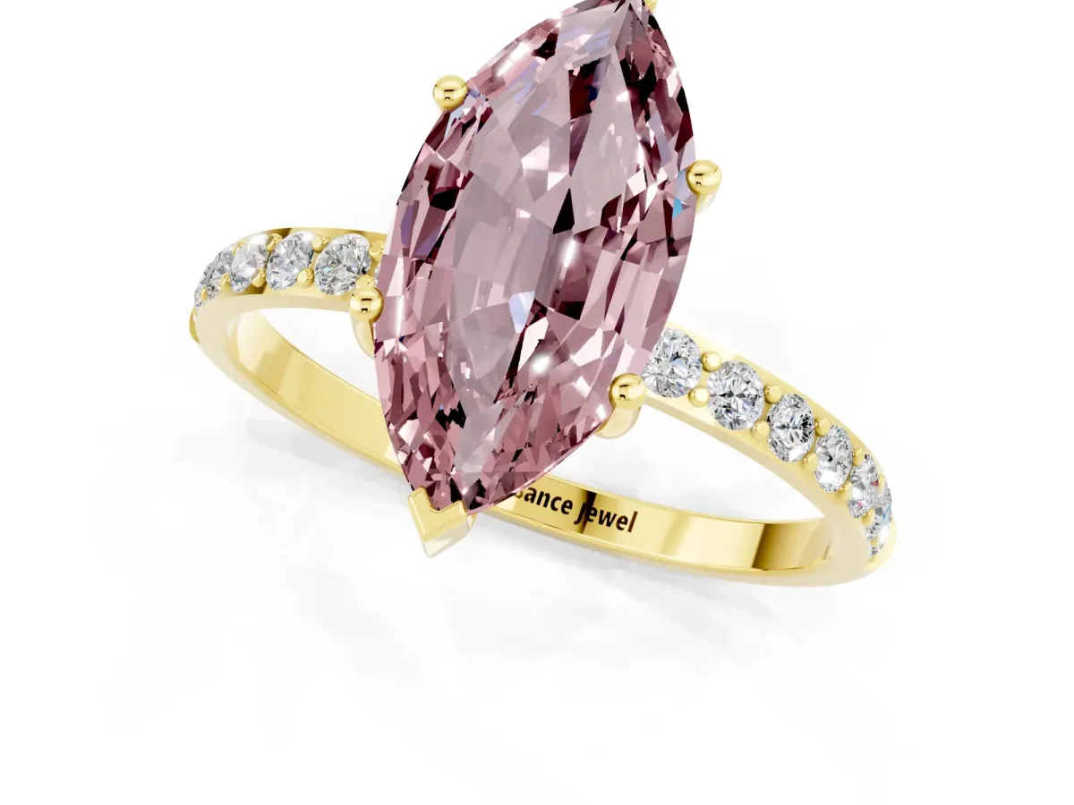 Marquise Cut Morganite Solitaire Ring with Round Pavé Band and Prong Setting Yellow gold
