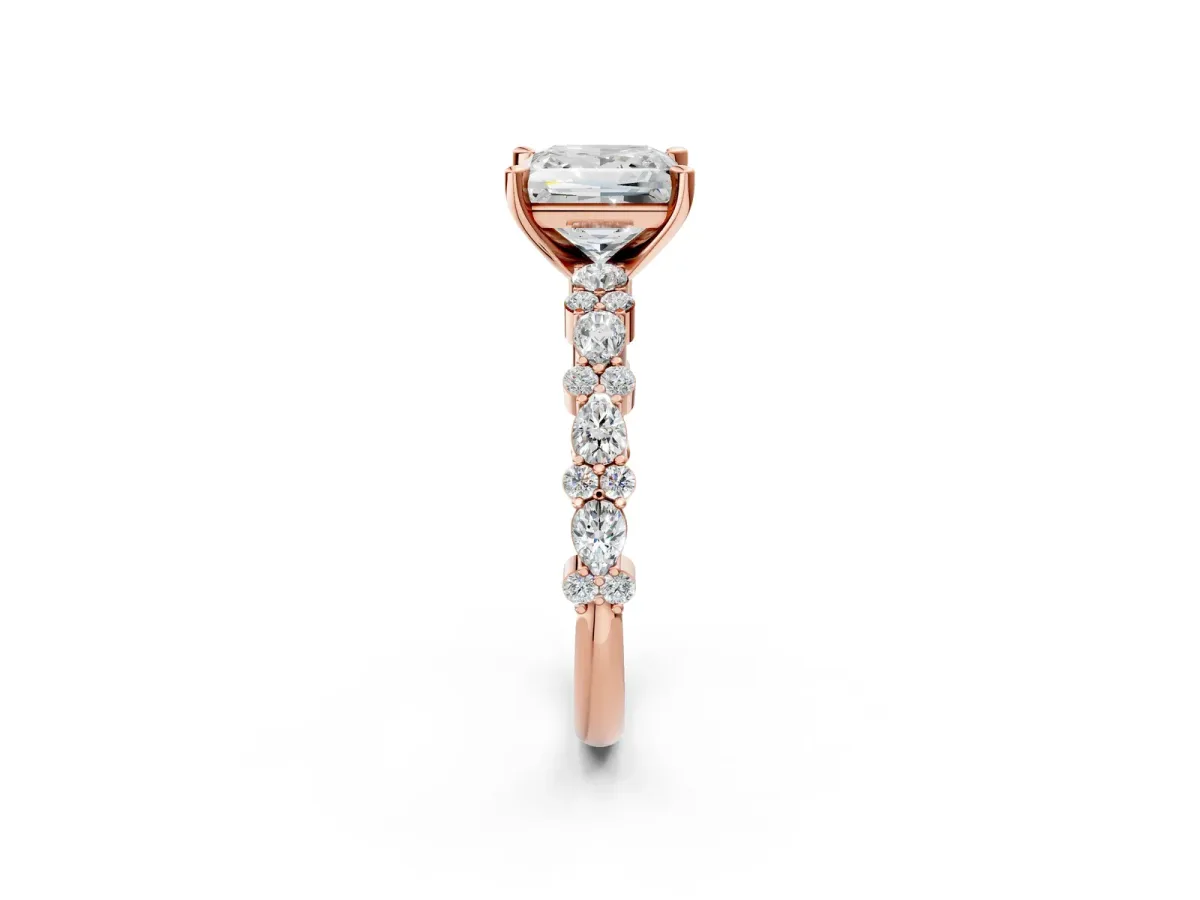 Princess Cut Diamond Side Stone Solitaire Ring with Round Moissanite and Four-Prong Setting Rose gold