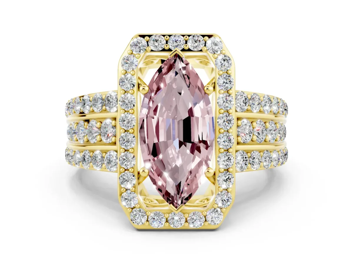 Marquise Cut Halo Morganite Ring with Round Split Shank and Prong Setting Yellow gold