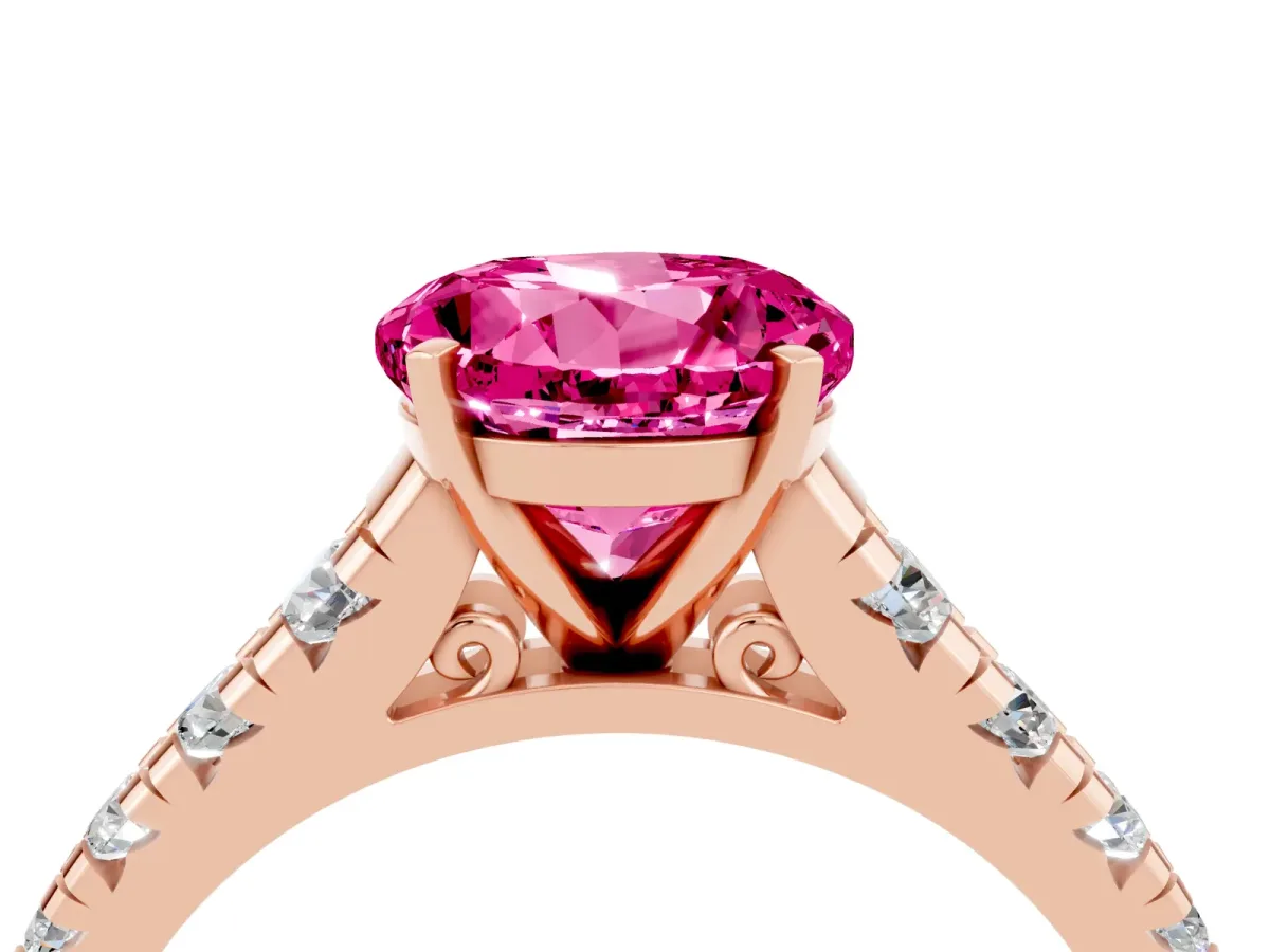 Round Cut Pink Sapphire Cathedral Solitaire Ring with Round Pavé Band Rose gold