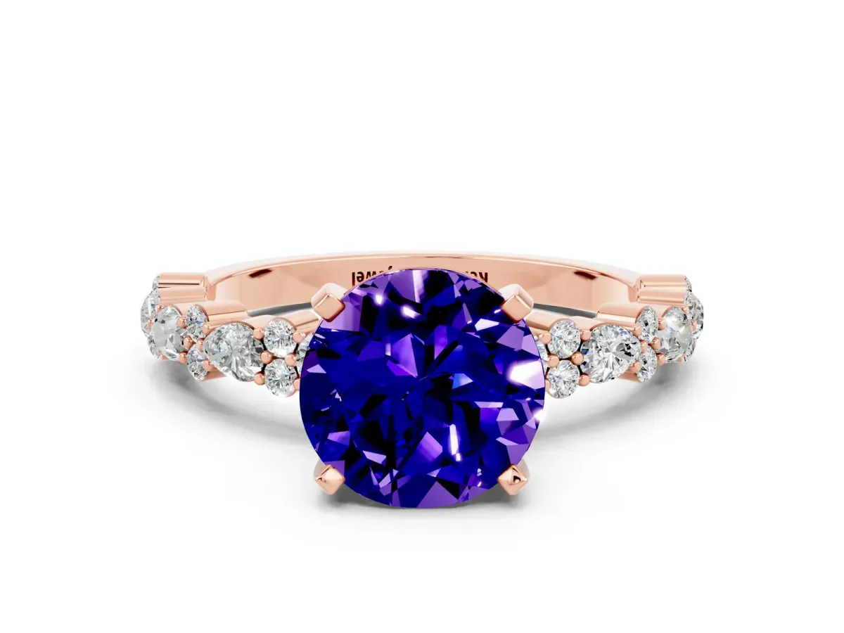 Round Cut Tanzanite Side Stone Solitaire Ring with Round and Four-Prong Setting Rose gold
