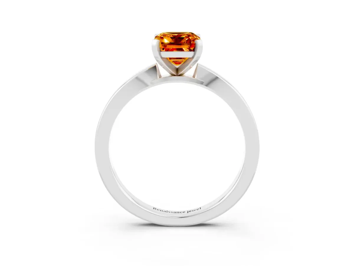 Emerald Cut Citrine Solitaire Engagement Ring with Classic Band and Four-Prong Setting Platinum