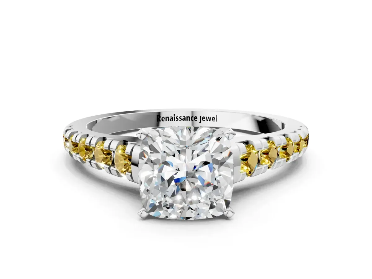 Cushion Cut Diamond Cathedral Solitaire Ring with Round Yellow Sapphire Pavé Band Silver