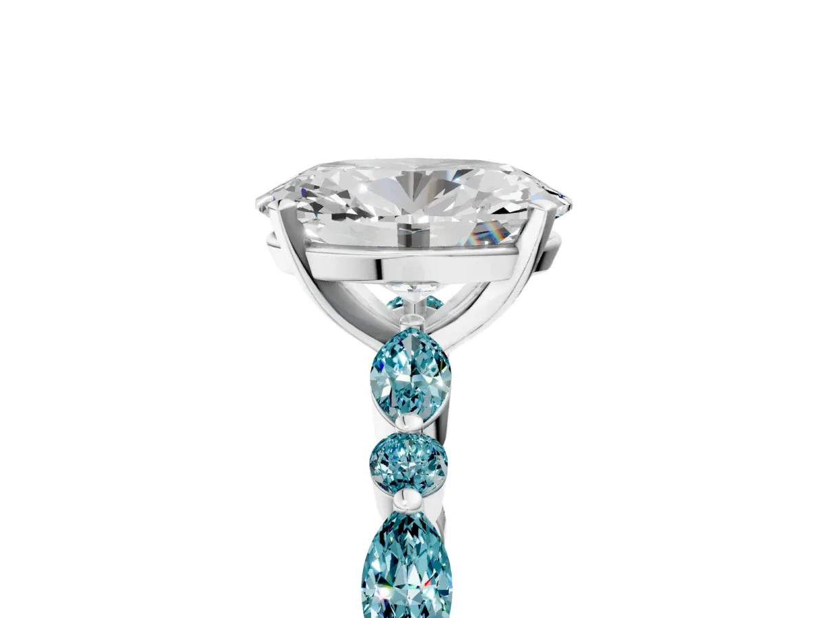 Oval Cut Diamond Ring with Marquise and Round Blue Topaz Side Stones and Four-Prong Setting Silver