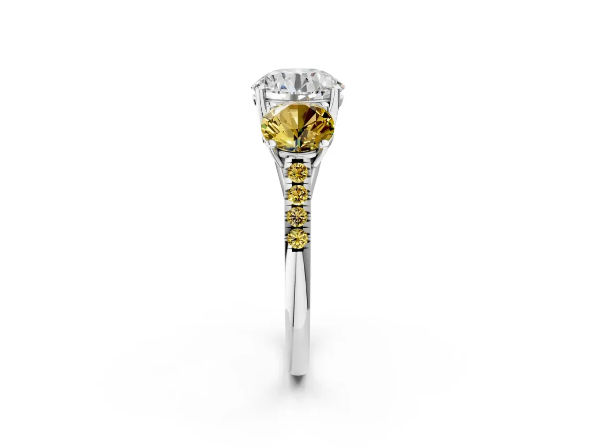 Three-Stone Round Cut Diamond Ring with Round Yellow Sapphire Pavé Band and Prong Setting White gold