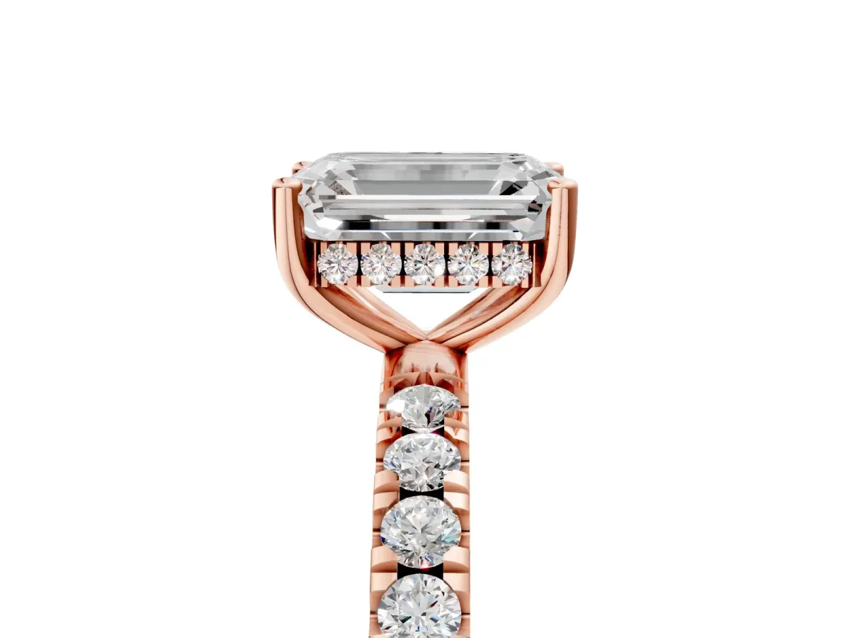 Emerald Cut Diamond Pave Band Solitaire Ring with Round and Prong Setting Rose gold