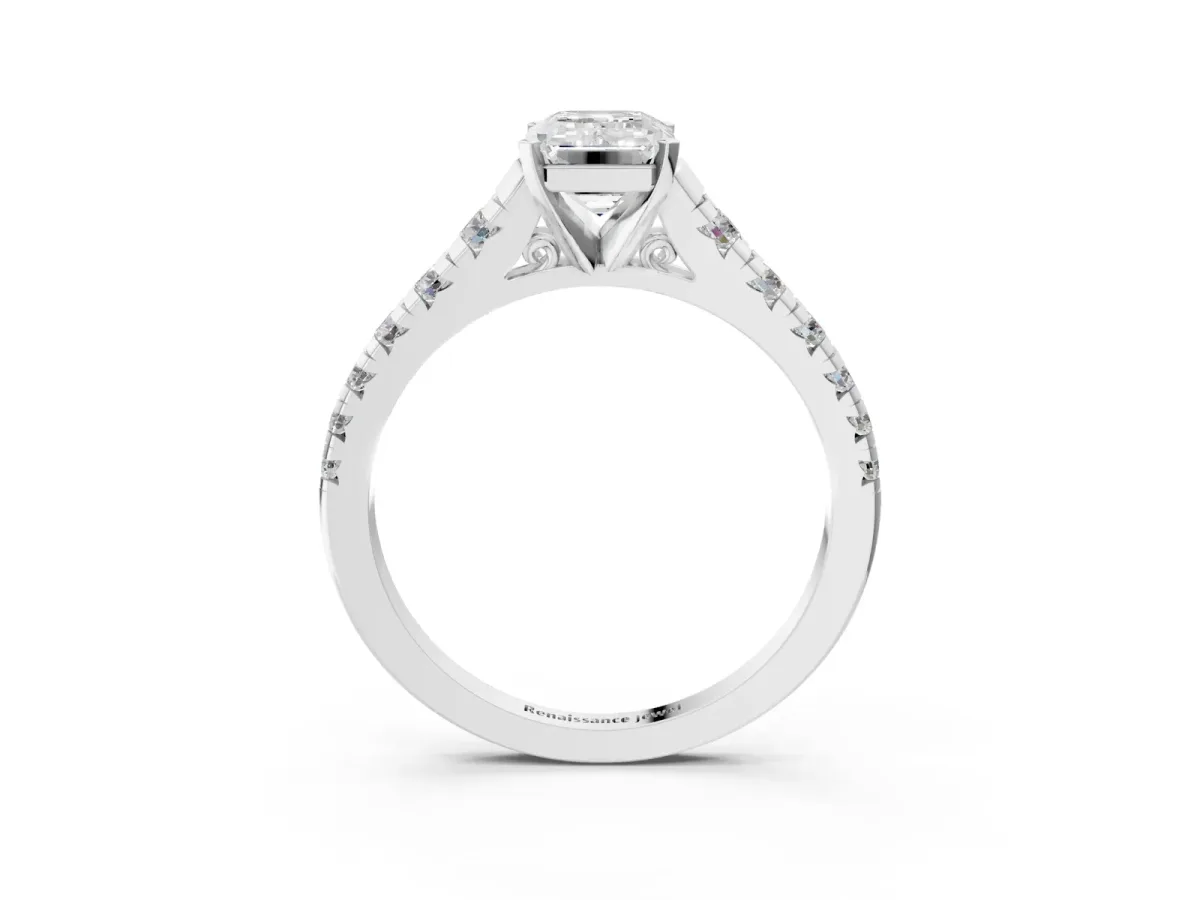 Emerald Cut Diamond Cathedral Solitaire Ring with Round Pavé Band Silver