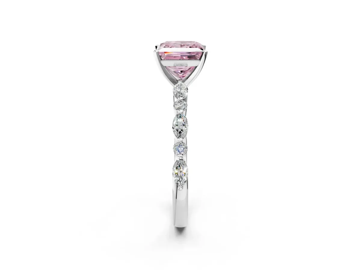 Fancy Pink Princess Cut Diamond Ring with Marquise and Round Side Stones and Four-Prong Setting Silver