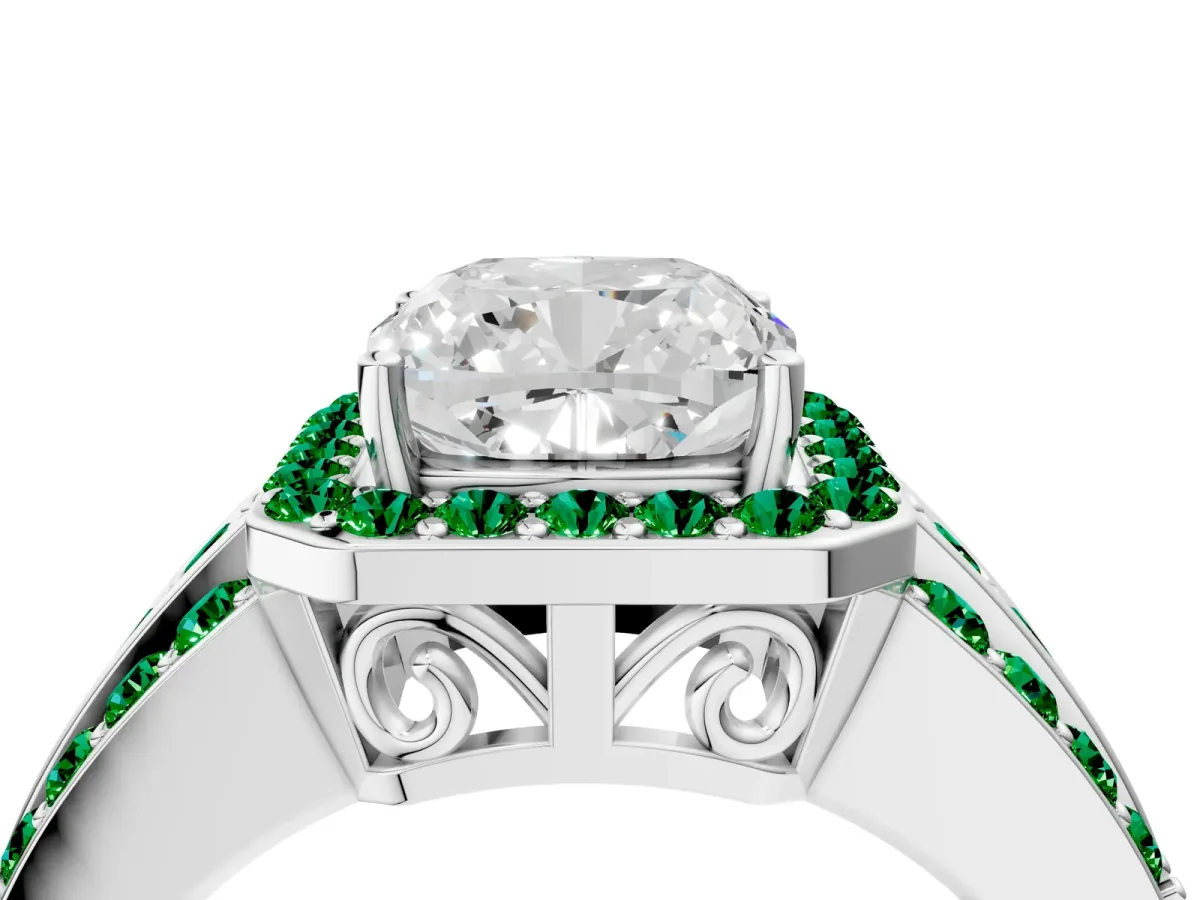 Cushion Cut Halo Diamond Ring with Round Emerald Split Shank and Prong Setting White gold