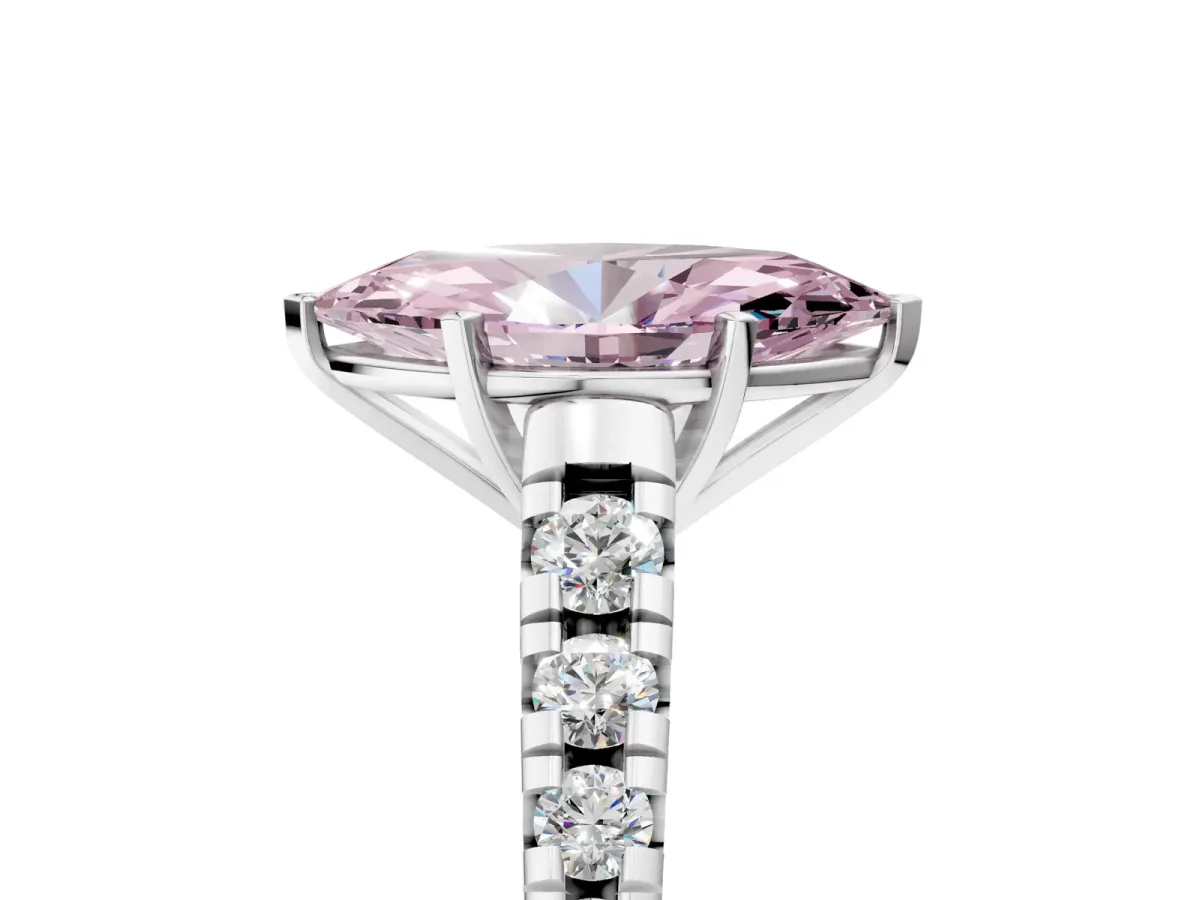 Fancy Pink Marquise Cut Diamond Cathedral Solitaire Ring with Round Pavé Band Platinum