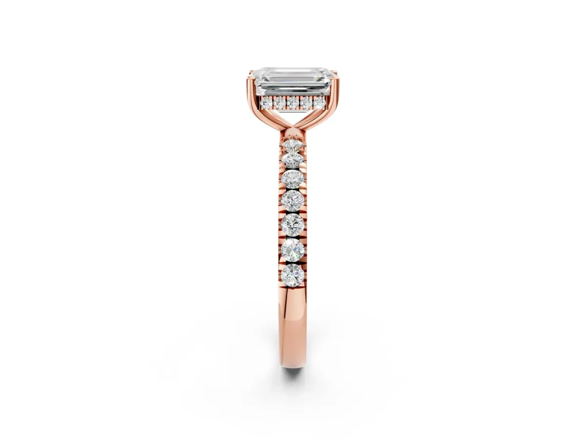 Emerald Cut Diamond Pave Band Solitaire Ring with Round Moissanite and Prong Setting Rose gold