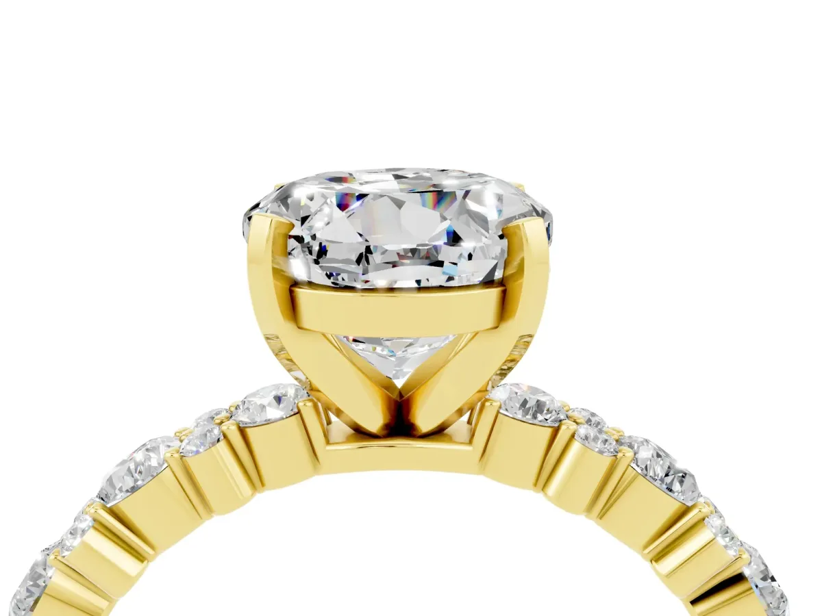Round Cut Moissanite Side Stone Solitaire Ring with Round and Four-Prong Setting Yellow gold