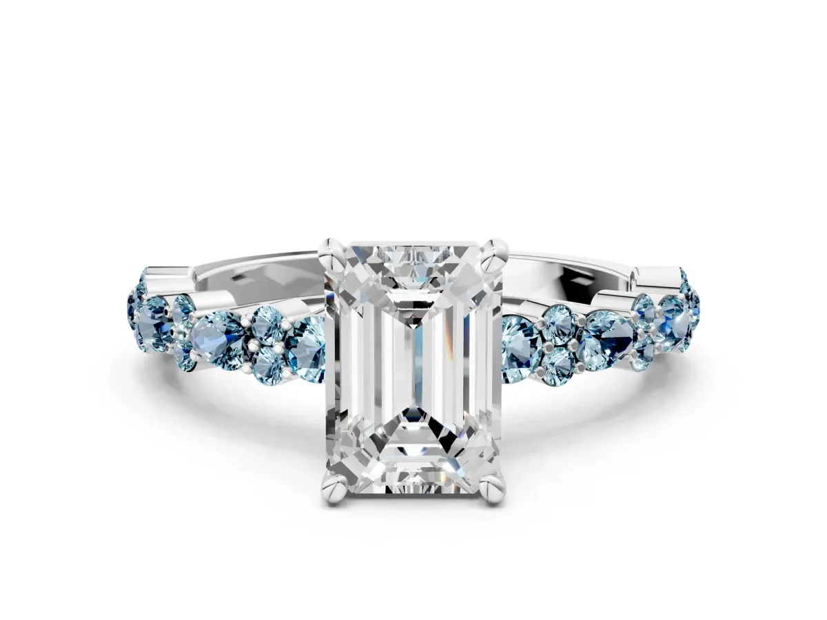 Emerald Cut Diamond Side Stone Solitaire Ring with Round Aquamarine and Four-Prong Setting Platinum