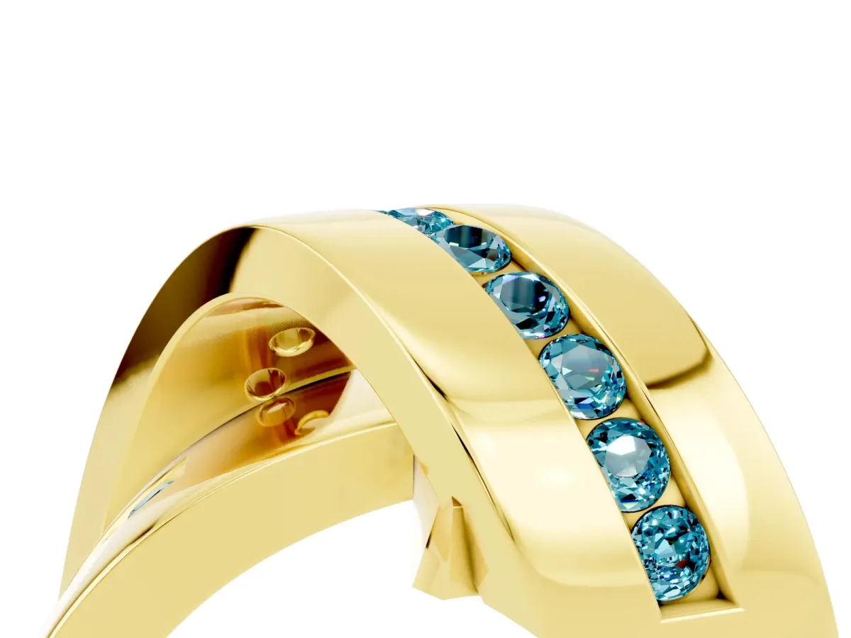 Pavé Round Blue Topaz Crossover Band with Channel Setting Yellow gold