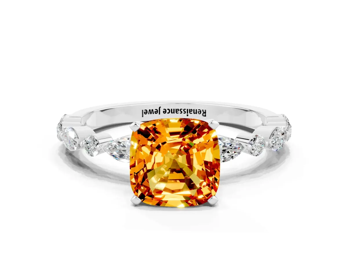 Cushion Cut Citrine Ring with Marquise and Round Side Stones and Four-Prong Setting Silver