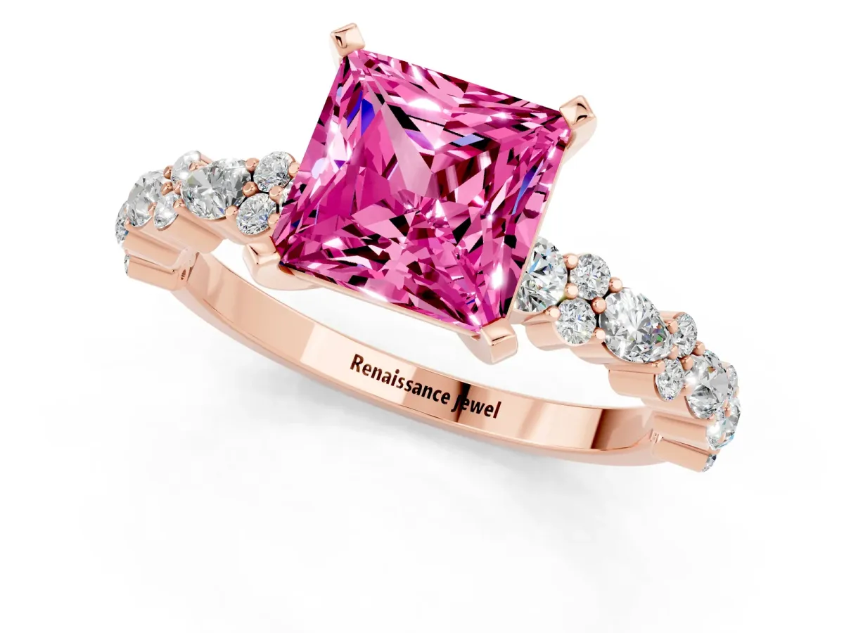 Princess Cut Pink Sapphire Side Stone Solitaire Ring with Round and Four-Prong Setting Rose gold