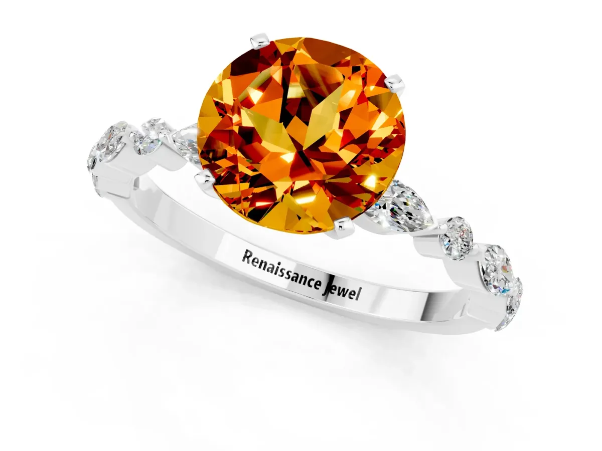 Round Cut Citrine Ring with Marquise and Round Side Stones and Four-Prong Setting Platinum