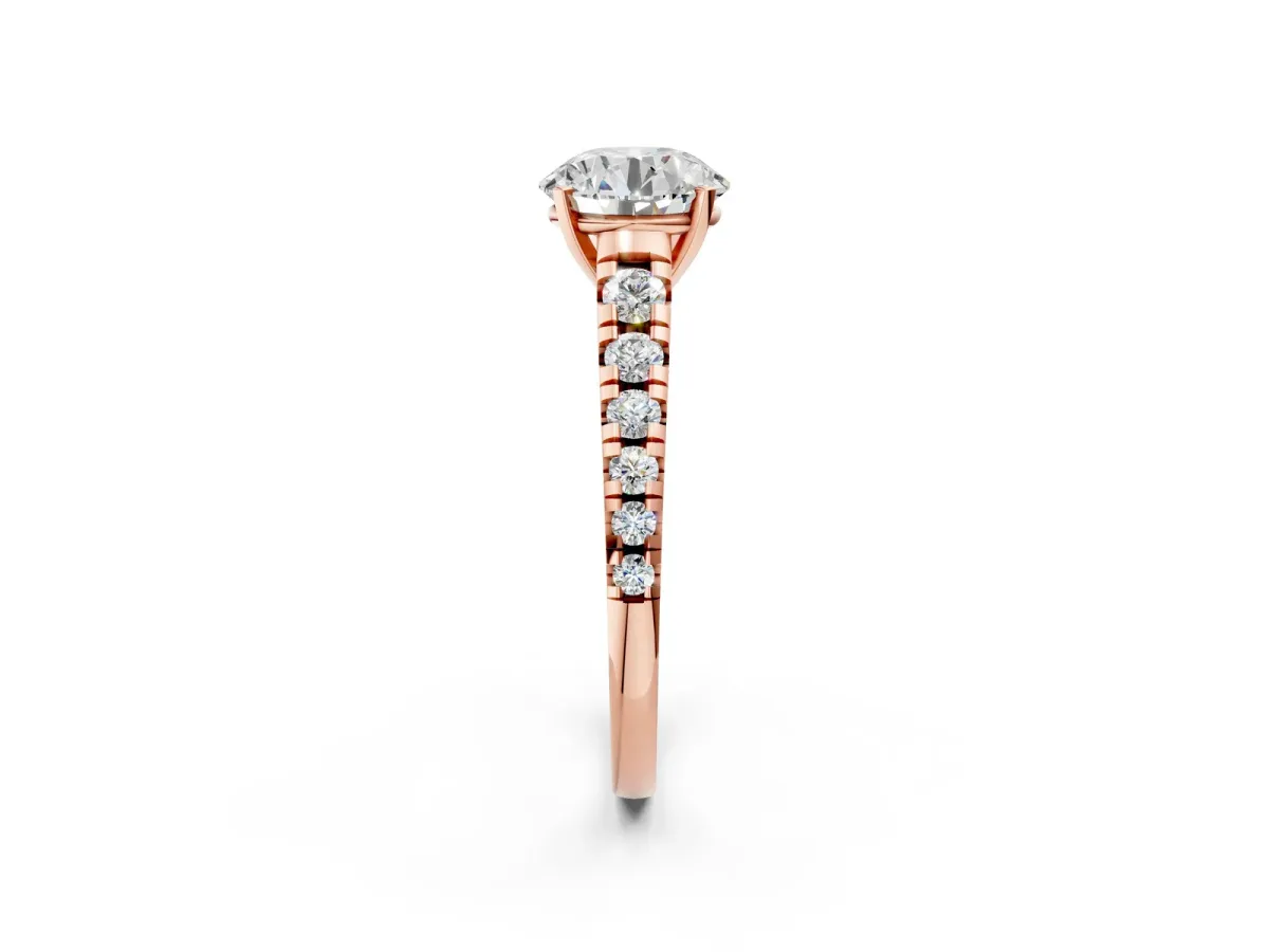 Round Cut Diamond Cathedral Solitaire Ring with Round Pavé Band Rose gold