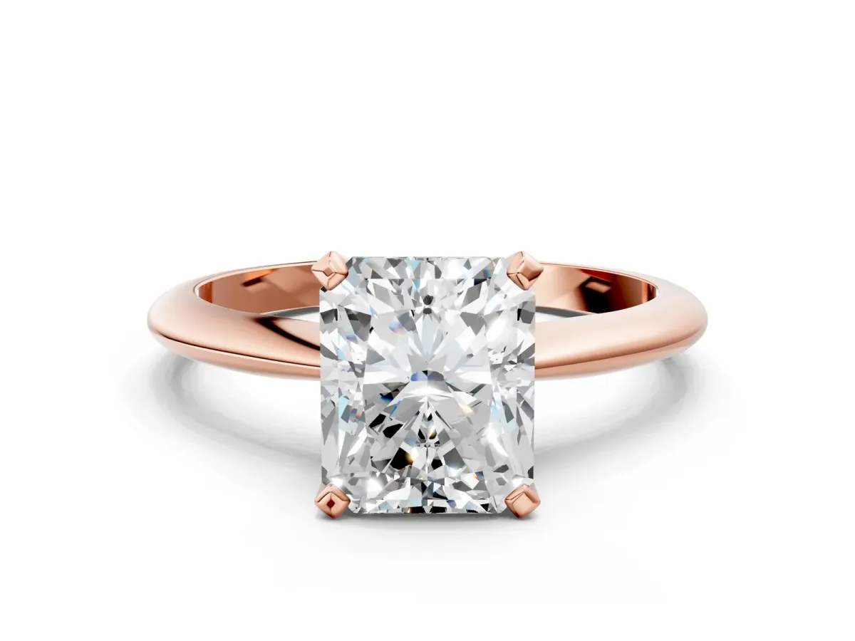 Radiant Cut Diamond Solitaire Engagement Ring with Classic Band and Four-Prong Setting Rose gold