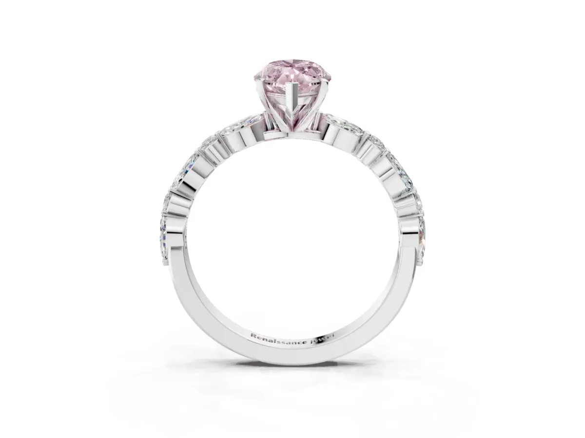 Fancy Pink Marquise Cut Diamond Ring with Marquise and Round Side Stones and Four-Prong Setting Silver