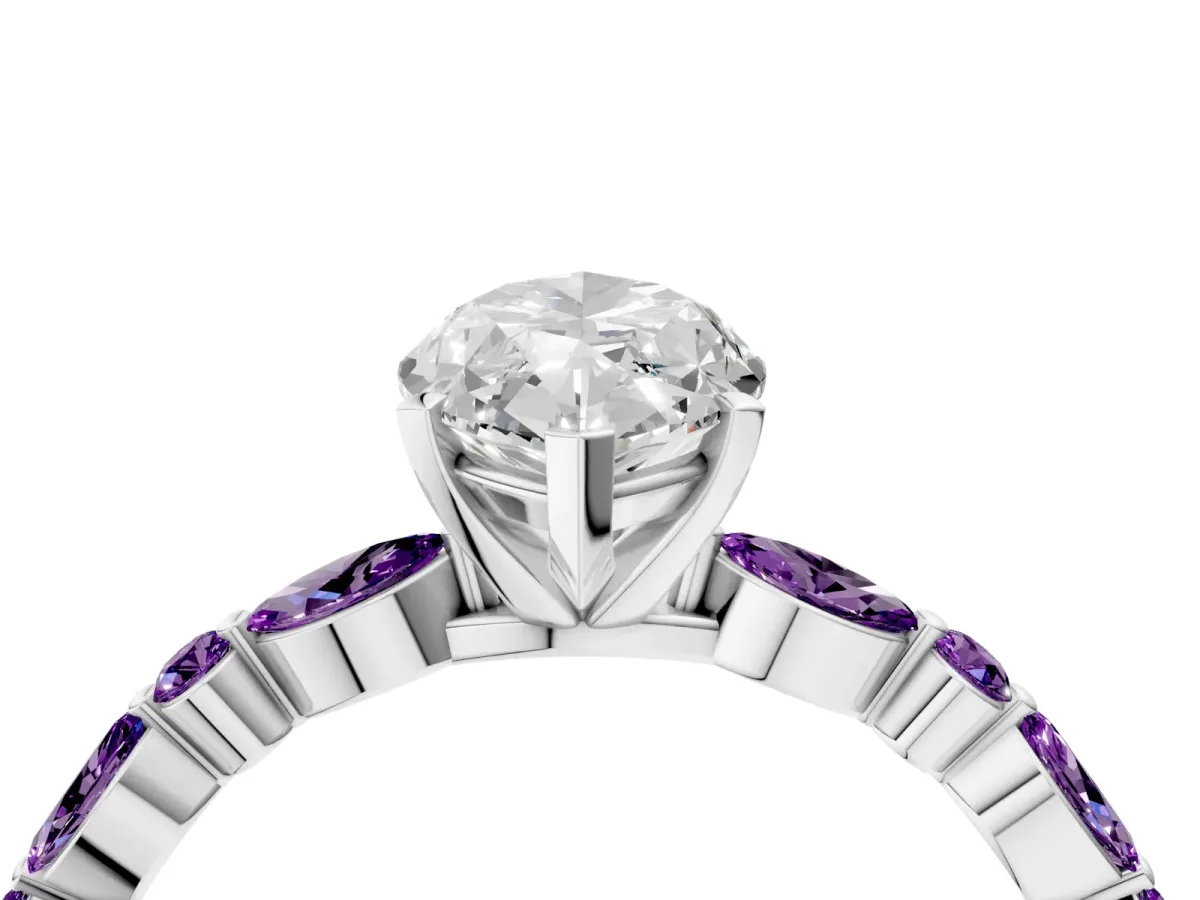 Marquise Cut Diamond Ring with Marquise and Round Amethyst Side Stones and Four-Prong Setting Silver