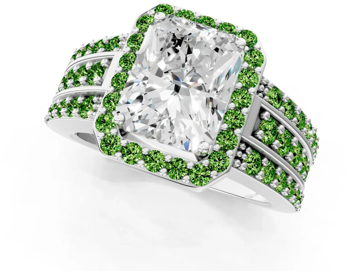 Radiant Cut Halo Diamond Ring with Round Peridot Split Shank and Prong Setting Silver