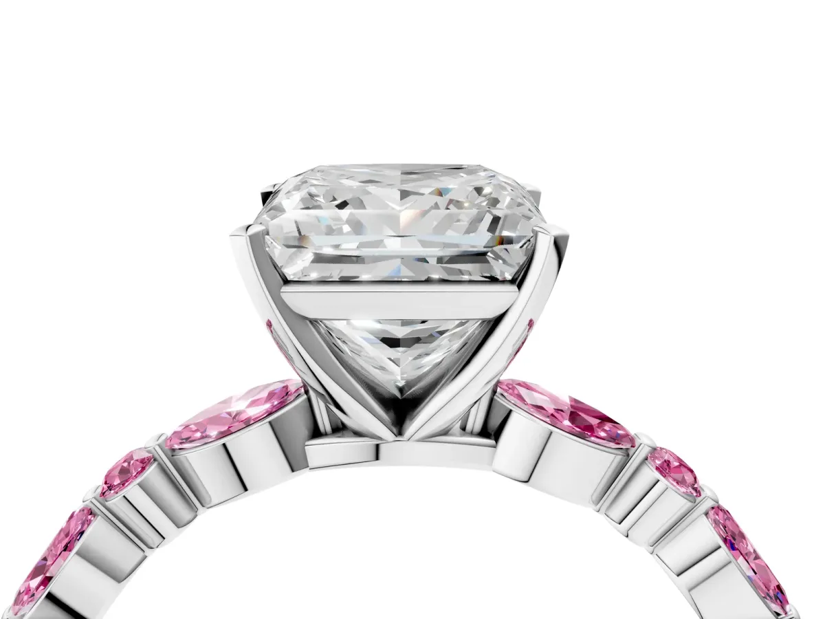 Princess Cut Diamond Ring with Marquise and Round Pink Sapphire Side Stones and Four-Prong Setting Silver