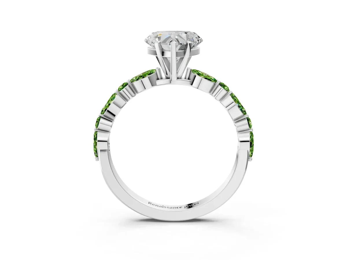 Heart Cut Diamond Ring with Marquise and Round Peridot Side Stones and Four-Prong Setting Silver