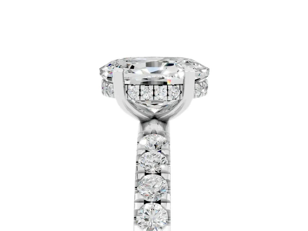 Oval Cut Moissanite Pave Band Solitaire Ring with Round and Prong Setting White gold