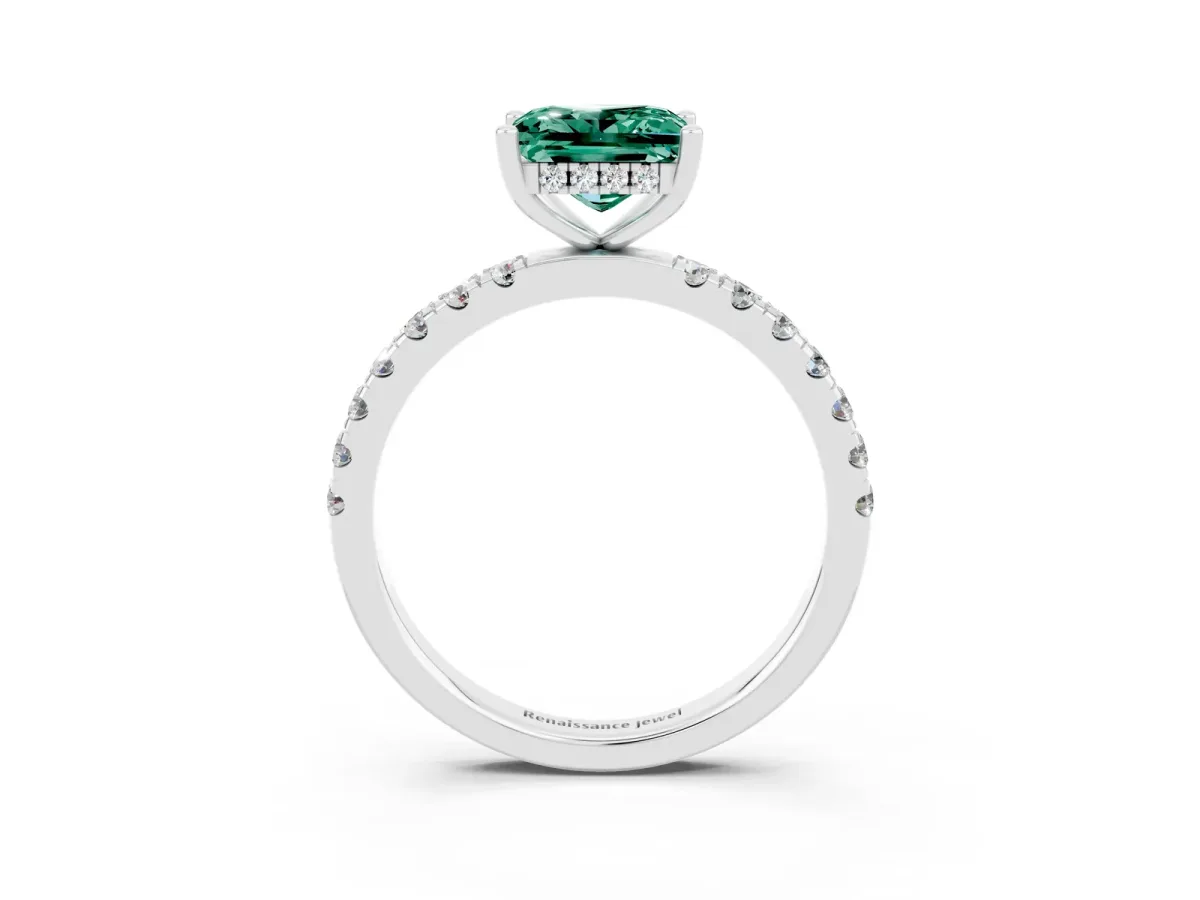 Princess Cut Green Sapphire Pave Band Solitaire Ring with Round and Prong Setting Platinum