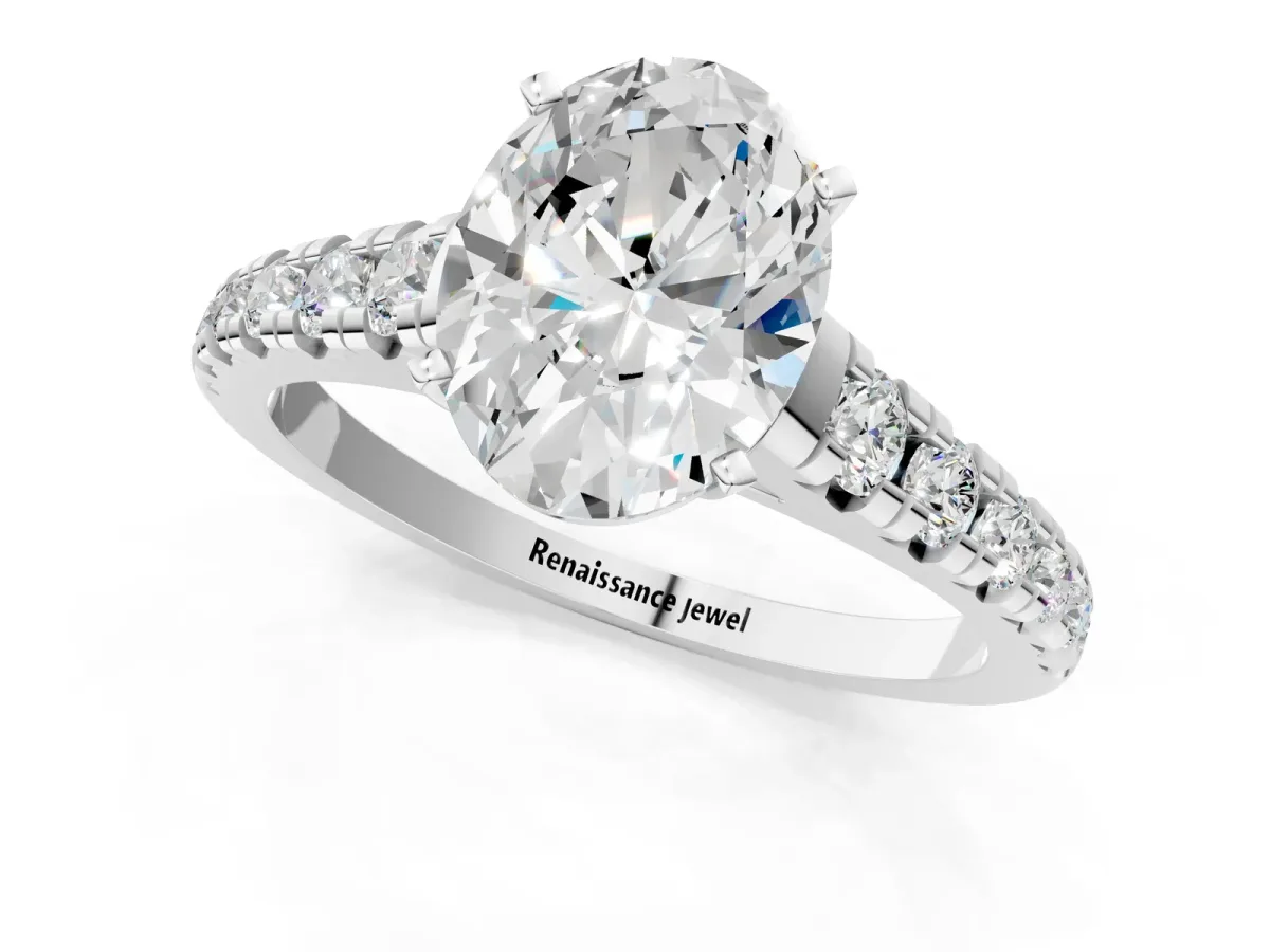 Oval Cut Diamond Cathedral Solitaire Ring with Round Moissanite Pavé Band Silver