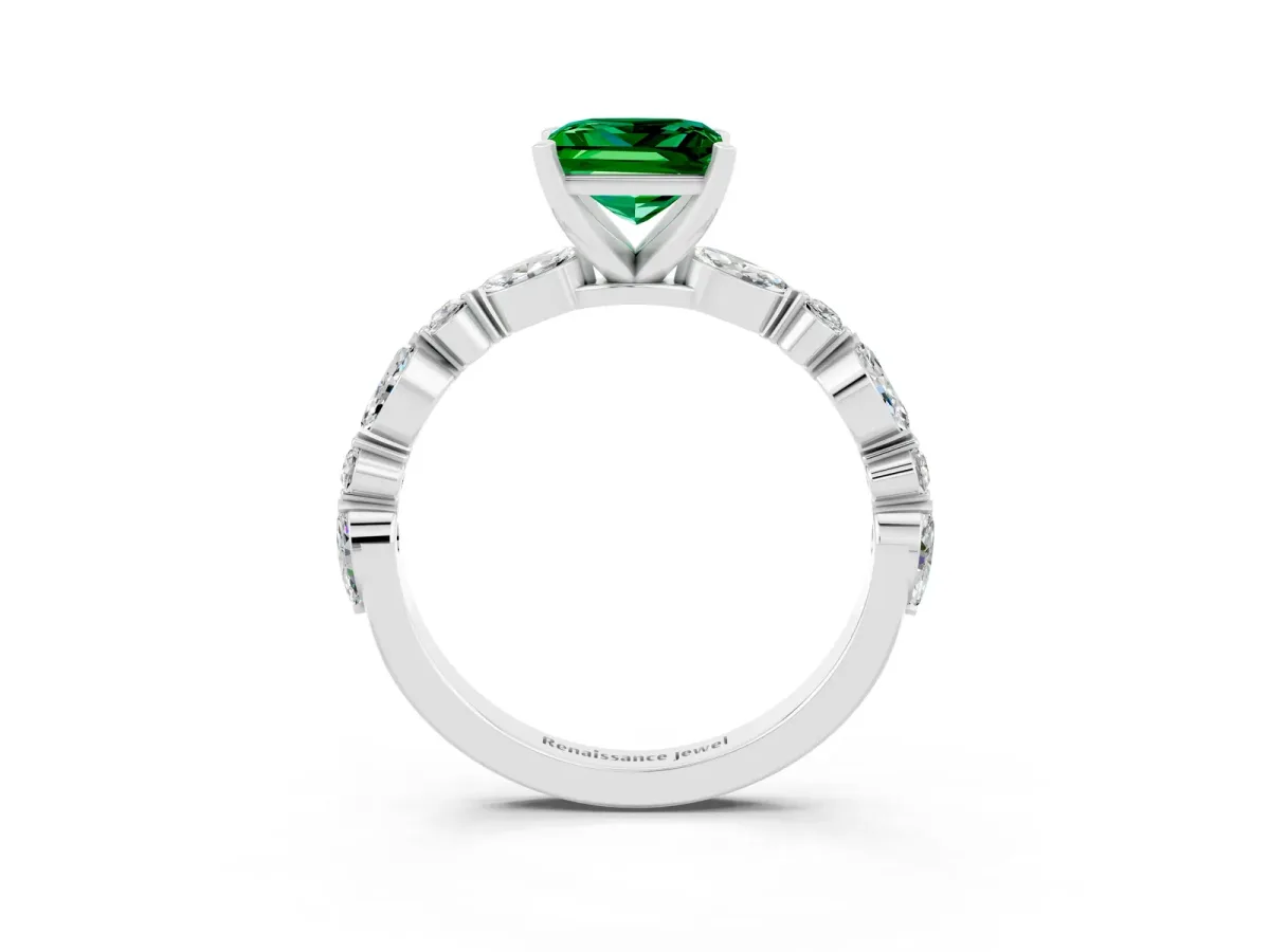 Princess Cut Emerald Ring with Marquise and Round Side Stones and Four-Prong Setting Silver