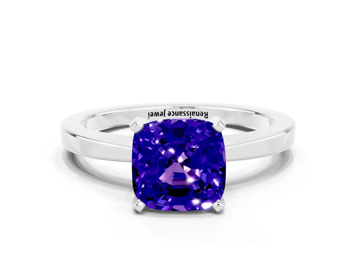 Cushion Cut Tanzanite Solitaire Engagement Ring with Classic Band and Four-Prong Setting Silver