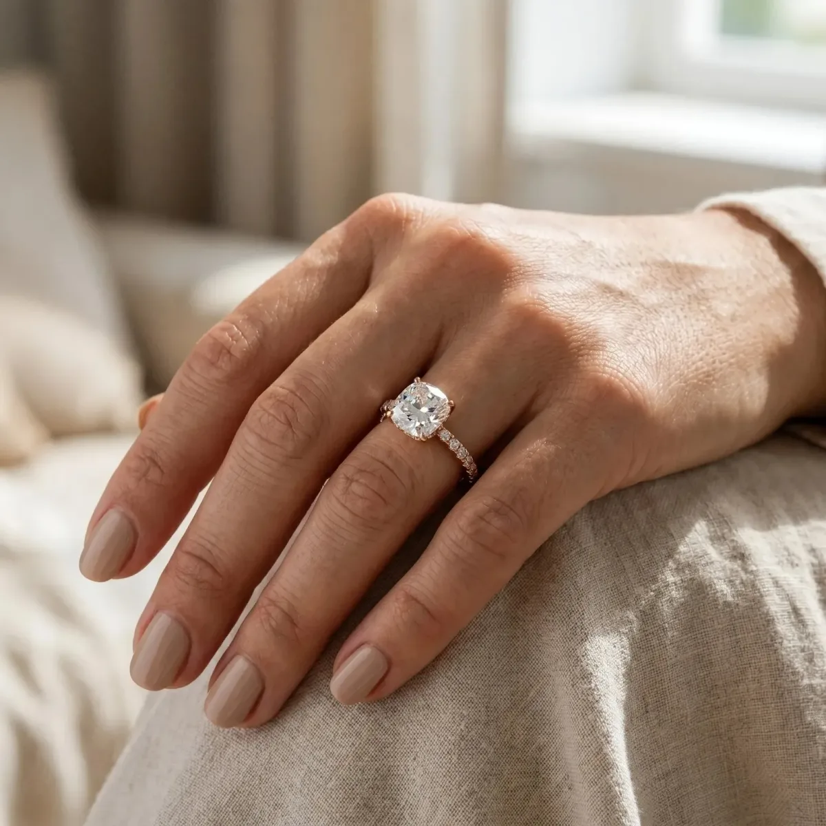 Cushion Cut Diamond Solitaire Ring with Round Pavé Band and Four-Prong Setting Rose gold