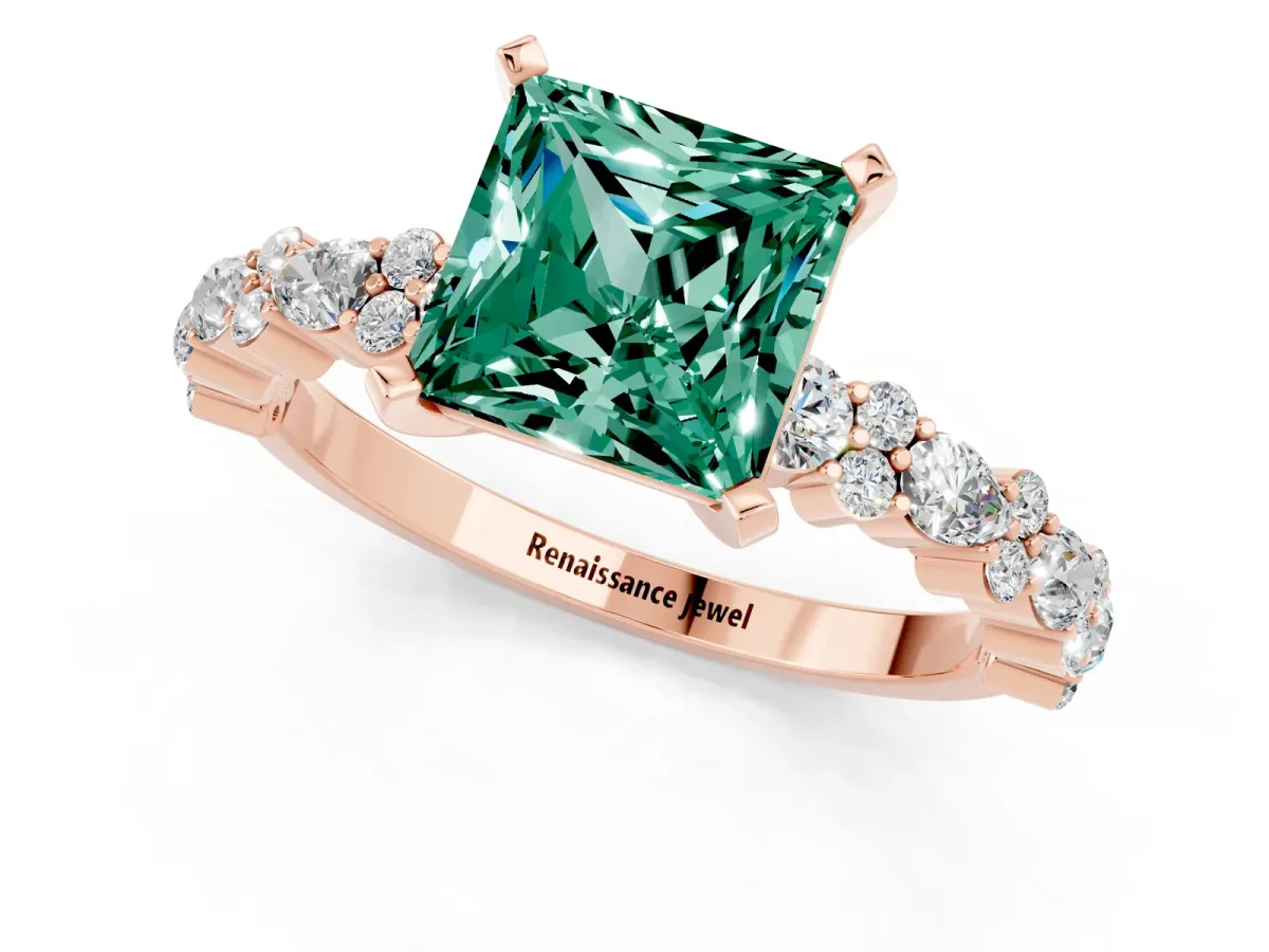 Princess Cut Green Sapphire Side Stone Solitaire Ring with Round and Four-Prong Setting Rose gold