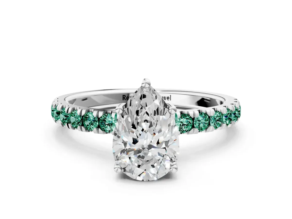 Pear Cut Diamond Pave Band Solitaire Ring with Round Green Sapphire and Prong Setting White gold