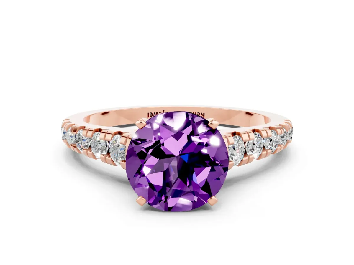 Round Cut Amethyst Cathedral Solitaire Ring with Round Pavé Band Rose gold