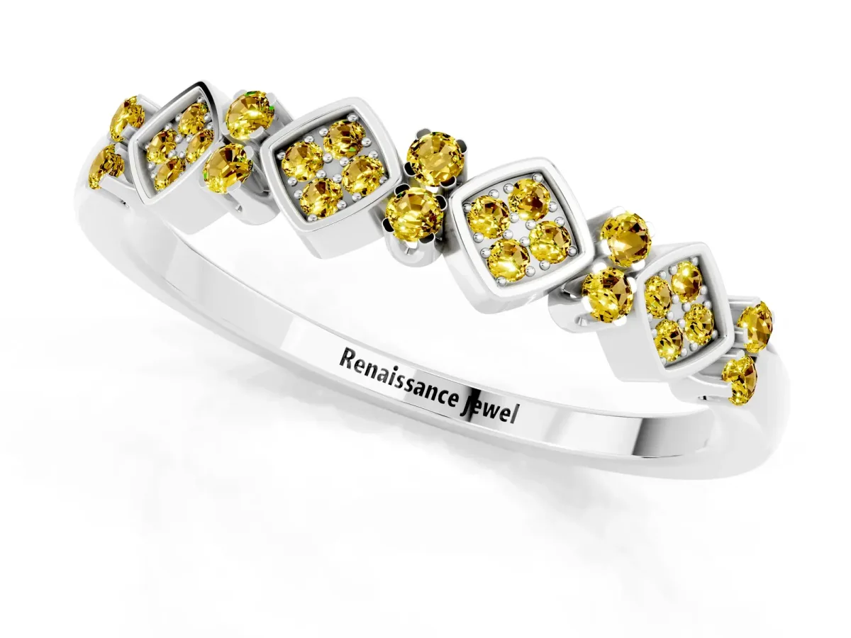 Pavé Cushion Yellow Sapphire Cluster Eternity Band with Prong Setting Silver
