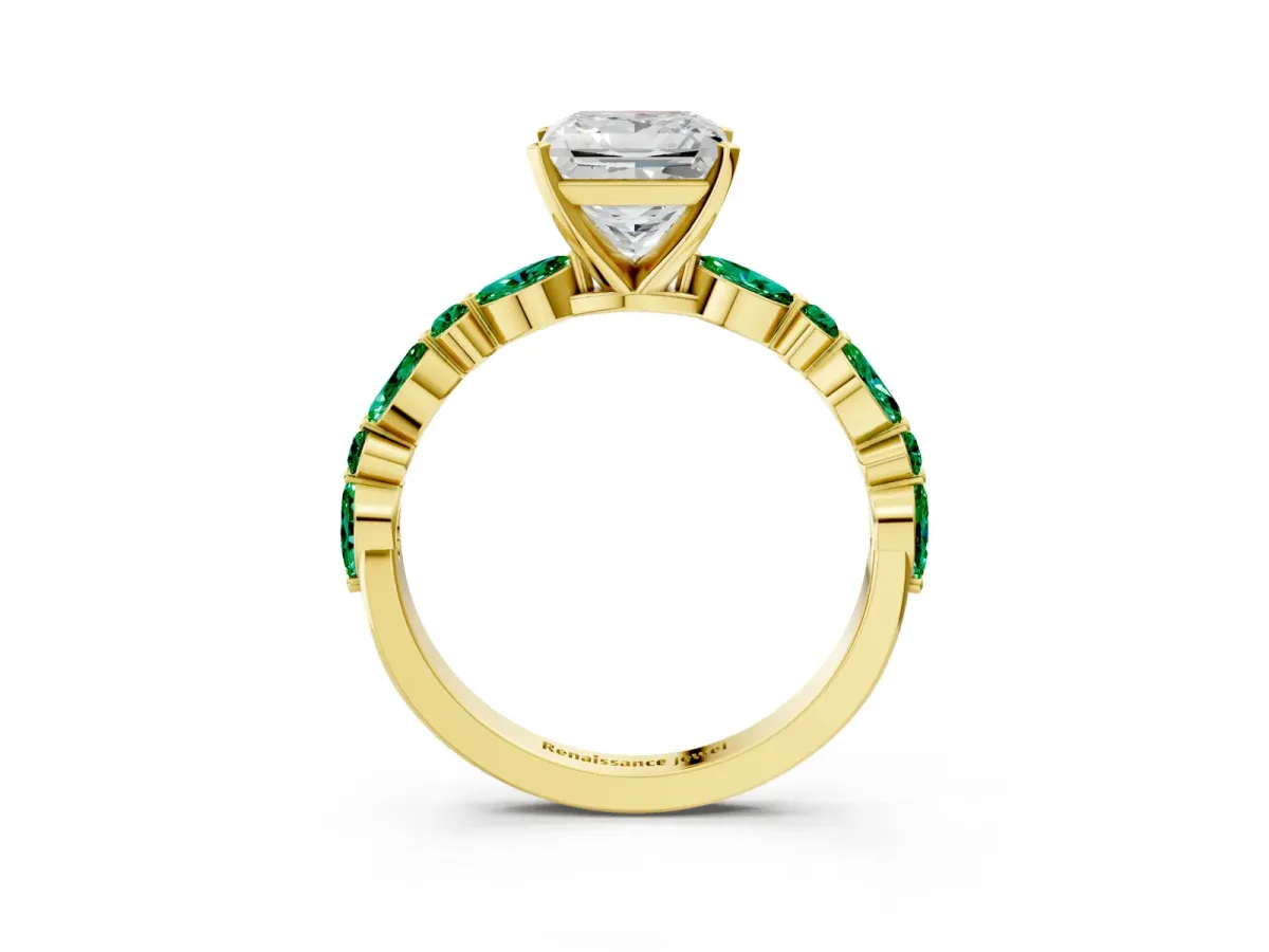 Princess Cut Diamond Ring with Marquise and Round Emerald Side Stones and Four-Prong Setting Yellow gold