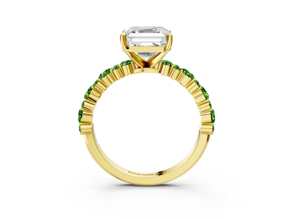 Asscher Cut Diamond Side Stone Solitaire Ring with Round Peridot and Four-Prong Setting Yellow gold